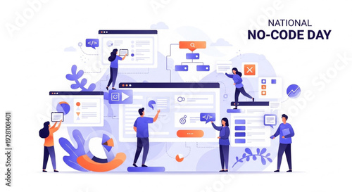 National No-Code Day Vector Illustration with App Building, No-Code Development, and Futuristic Digital Interface