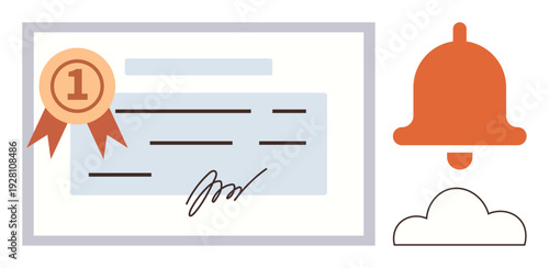 Certification, success, achievement, notifications, digital alerts, document verification. A certificate a ribbon with a signature and a bell icon. Certification and success concept