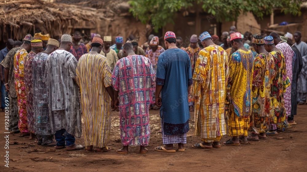 Naklejka premium A group of people dressed in colorful traditional attire, gathered for an African religious ritual or prayer ceremony.