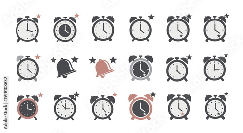 Collection of minimalist alarm clock and notification bell icons in various styles on a clean white background, concept for time management, morning routine and schedule organization