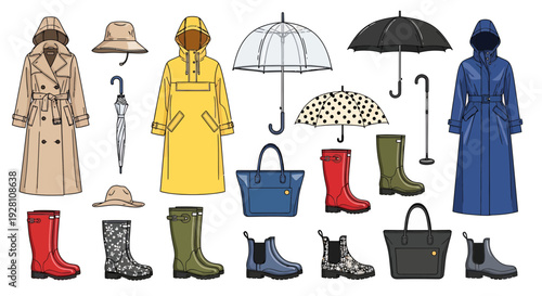 Collection of flat vector illustrations featuring raincoats, trench coats, umbrellas, rubber boots and waterproof bags, concept for seasonal fashion, weather apparel and autumn lifestyle blog