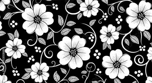 Black and white INDONESIAN BATIK, seamless floral pattern with flowers leaves,in vintage vector style