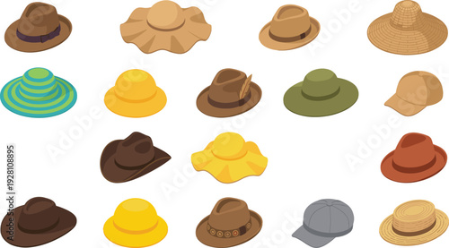 Stylish Hat Collection Vector Illustration Featuring Fedora Cowboy Sun and Straw Hats in Flat Design Style