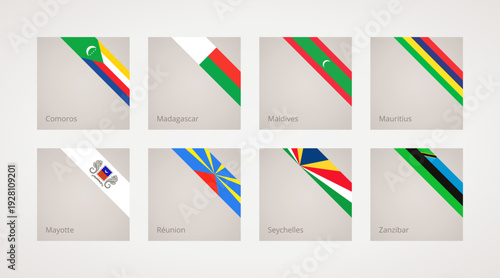 Corner slanted ribbon flags of Comoros, Madagascar, Maldives, Mauritius, Mayotte, Reunion, Seychelles and Zanzibar