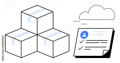 Three stacked cardboard boxes next to a document featuring user details and checkmarks under a cloud. Ideal for logistics, cloud service, organization, supply chain, inventory control, documentation