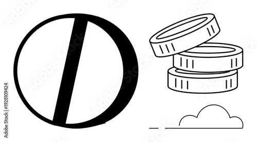 Business concepts, financial growth, economy, abstract design, balance, monetary structure. Circle with diagonal line and stack of coins beside a cloud. Business concepts and financial growth