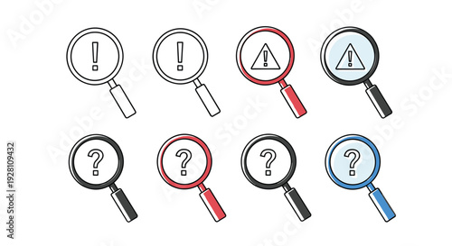 Magnifying glass icons with warning and question mark symbols for search analysis and information lookup