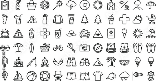 Summer Vacation and Beach Travel Icon Set Hand Drawn Outline Vector Collection for Tourism and Holiday Design