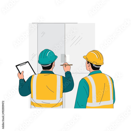 Construction Site Inspection & Planning: Engineers Reviewing Architectural Plans with Clipboard and Pencil, Team Collaboration Illustration