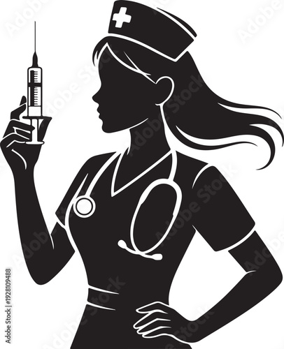 Silhouette of a nurse holding a syringe, ready for an injection,Vaccination and Medical Injection Concept Icon