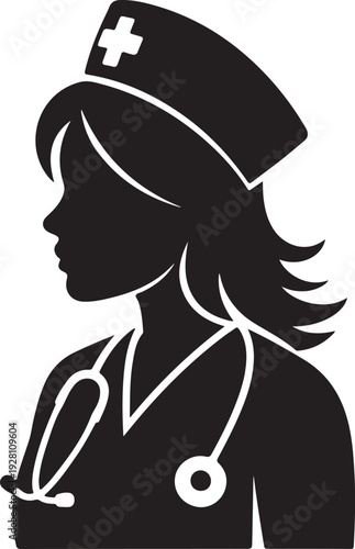 Female Nurse Holding Syringe Silhouette Vector,Medical Staff Female Figure Black Vector