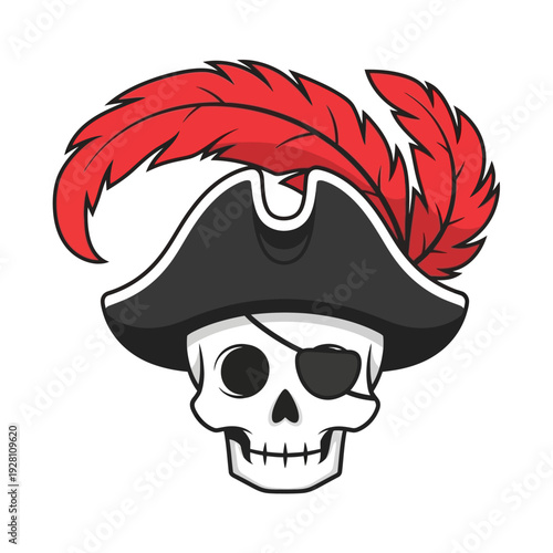 Pirate Skull with Red Feathered Hat and Eye Patch - Vector Illustration