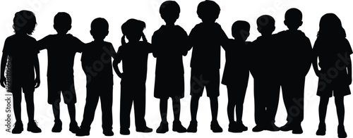 Children silhouettes collection, diverse kids vector, childhood friendship illustration, social interaction design, group posture art, education development gesture