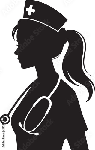Female Nurse Holding Syringe Silhouette Vector,Medical Staff Female Figure Black Vector