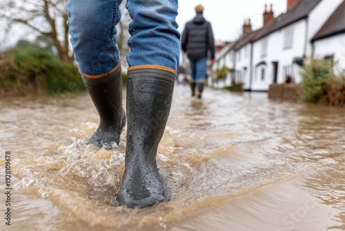 A person walking through a flooded street with wellington boots after heavy rainfall, houses and cloudy sky in the background, showing the consequences of climate change