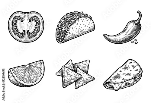Mexican food collection featuring hand drawn engravings of tacos, nachos, quesadilla, chili pepper, tomato, and lime