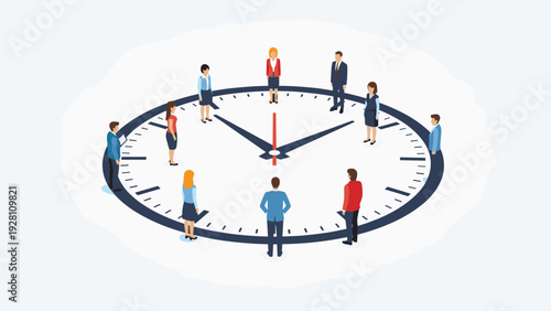Group of diverse professional people standing around the edge of a large clock face representing teamwork and time management.