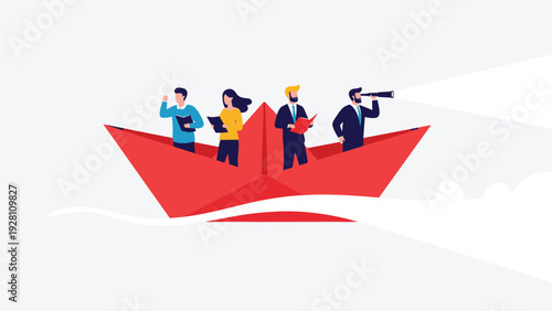 Team of four business people in a red paper boat with one person looking through a telescope to find the correct way.
