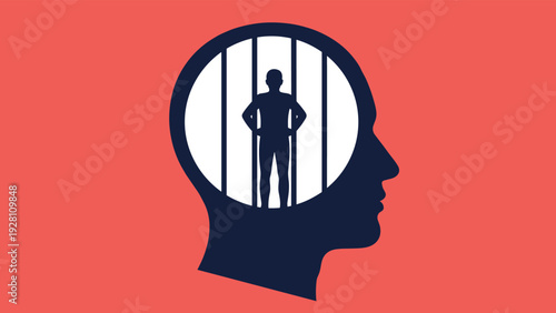 Silhouette of a mans head with a prisoner standing behind bars inside his mind representing mental blocks or inner limits.