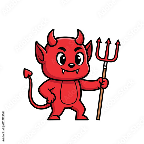 Cute Cartoon Devil Character with Trident, Red Demon, Halloween, Funny, Evil, Mascot