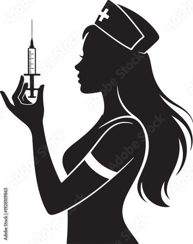 Silhouette of a nurse holding a syringe, ready for an injection,Vaccination and Medical Injection Concept Icon