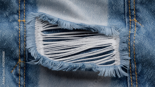 Torn ripped hole in blue denim jeans fabric closeup