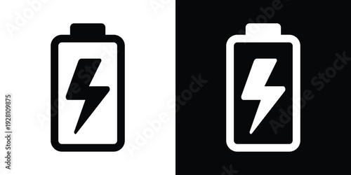 Vertical battery icon with a lightning bolt symbol. Modern flat vector graphic representing charging status, energy refill, and electrical power supply for digital devices.