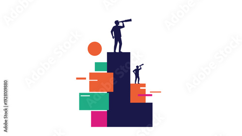 Three people standing on different levels of blocks using telescopes to look in various directions for new opportunities.