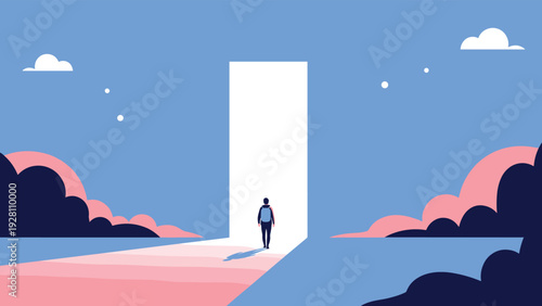Silhouette of a person with a backpack walking into a bright rectangular gateway in a surreal colorful landscape.