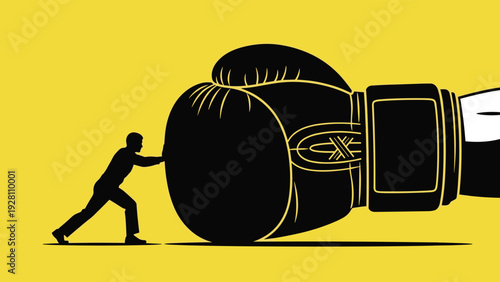 Determined person silhouette pushes back against a massive boxing glove as a symbol of overcoming adversity and struggle.
