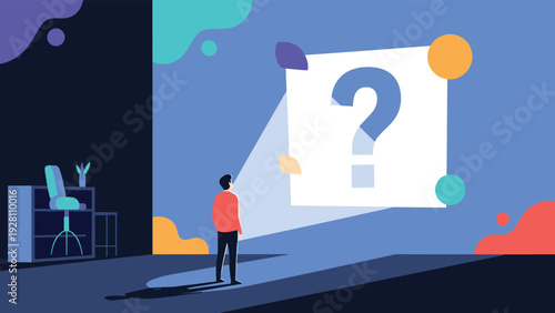 Curious man in a dimly lit office gazes at a large glowing question mark on the wall seeking answers and clarity.