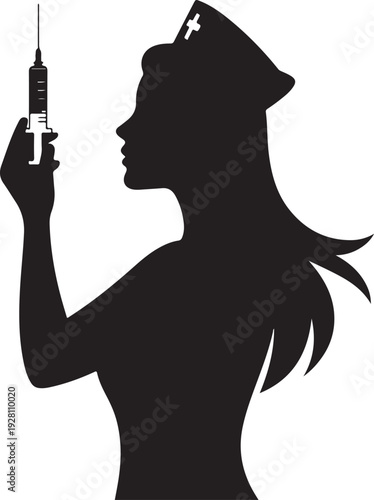 Silhouette of a nurse holding a syringe, ready for an injection,Vaccination and Medical Injection Concept Icon