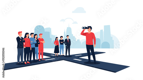 Strategic leader at a four-way crossroads uses binoculars to guide a diverse group of professionals toward the future.