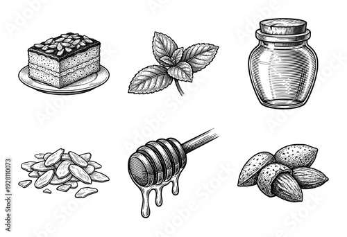 Vintage style hand drawn engraving of honey and almond dessert set featuring cake slices, mint leaves, glass jars, and honey dippers