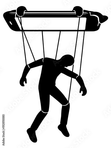 Human Marionette Puppet Controlled By Smartphone, Algorithmic Manipulation Digital Puppetry Concept, Loss Of Autonomy Black Vector Silhouette
