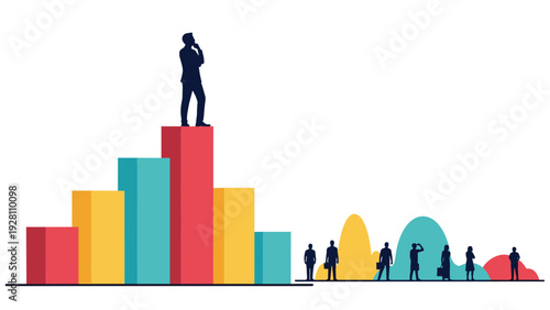 Pensive businessman silhouette on the highest colorful bar chart observes a diverse group of people from a distance.