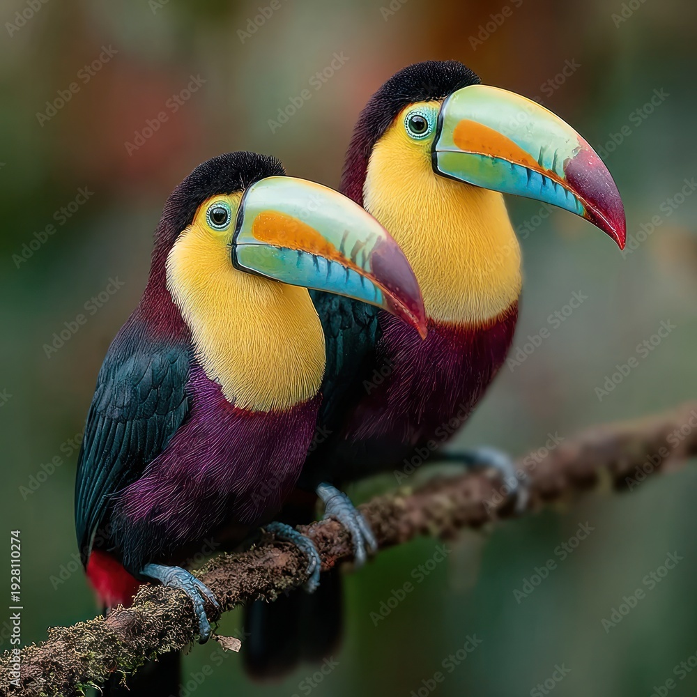 Fototapeta premium Two vibrant toucans perched on a branch, showcasing colorful beaks and plumage.