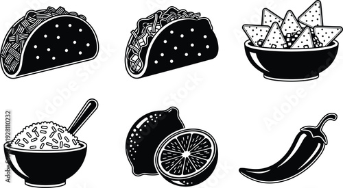 Mexican food icons set with tacos nachos rice lemon and chili pepper black white flat vector illustration isolated
