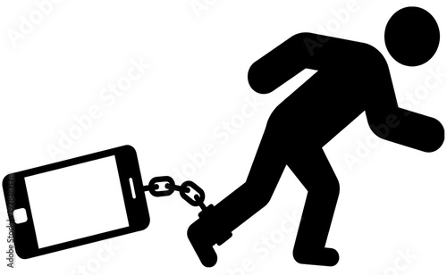 Person Shackled To Smartphone Ball And Chain, Tech Addiction Burden Device Dependency Concept, Dragging Weight Black Vector Silhouette

