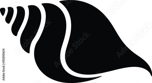 A simple black seashell silhouette on a white background is visible.