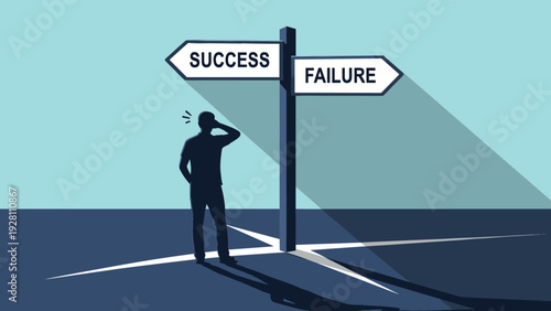 Thoughtful person at a crossroad signpost contemplating the choice between paths leading to success and failure.
