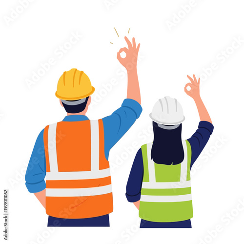 Construction Professionals (Man & Woman) Giving OK Sign, Symbolizing Approval, Quality, and Teamwork on Project Success