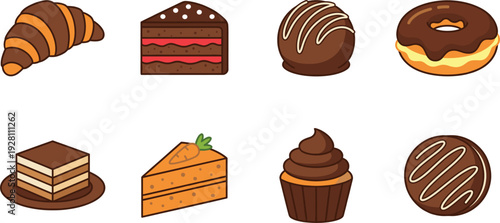 Sweet bakery dessert icons set featuring croissant cake donut chocolate cupcake pastry and confectionery treats