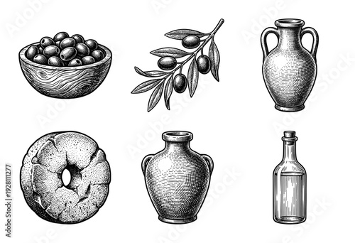 Vintage engraving style collection of olive oil production elements featuring olives, wooden bowl, ceramic amphorae, millstone, and a glass bottle.