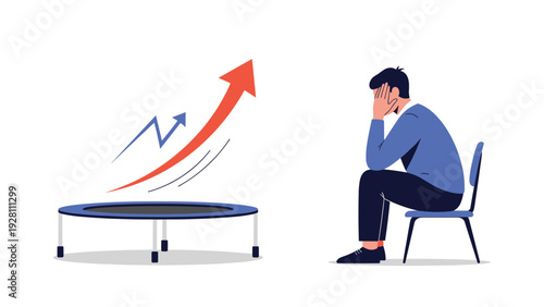 Depressed man sitting on a chair next to a trampoline and rising arrows representing missed opportunities and loss.