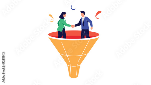Professional man and woman shaking hands on top of a large orange funnel representing partnership and conversion.