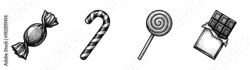 Set of assorted sweet treats including candy cane lollipop and chocolate bar in vintage hand drawn woodcut style
