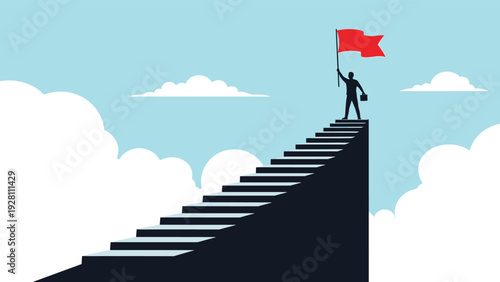 Successful silhouette holding a red flag on top of a steep dark staircase against a cloudy blue sky background.