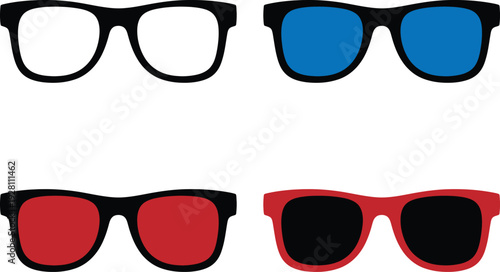A set of four 3d glasses with different colored lenses on a white background.