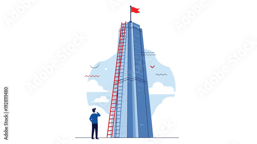 Ambitious businessman looking up at a very tall skyscraper with a long ladder leading to a red flag on the top.